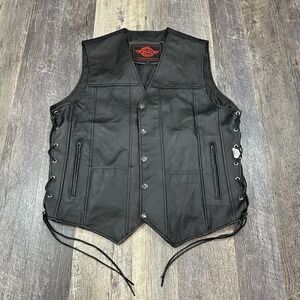 Alpha Cycle Gear Black Leather Laced Motorcycle Vest Size Large Snap Buttons